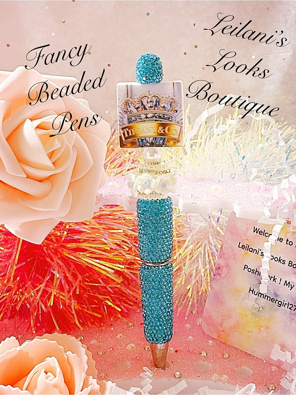 Turquoise Fancy Beaded Pen/crown/flowers beads